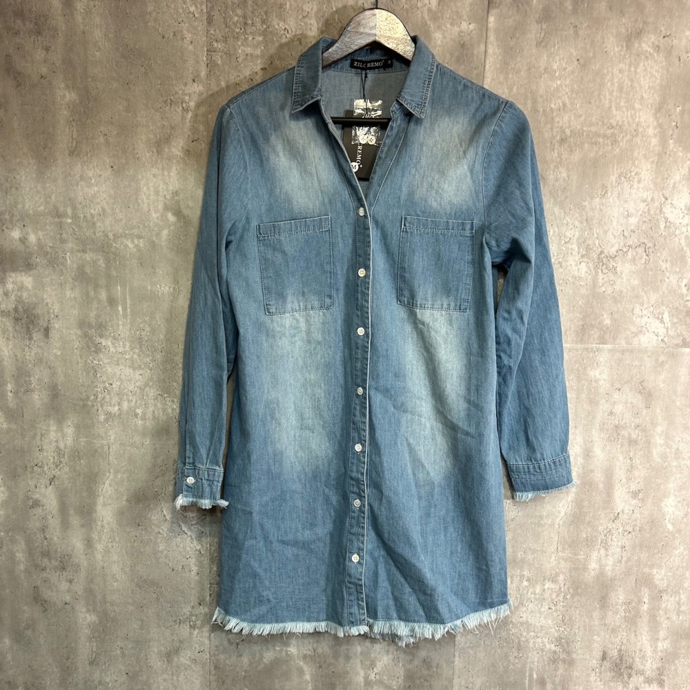 Zilcremo Womens Light Wash Denim Shirt Dress Frayed Hem Button Down Blue Size M